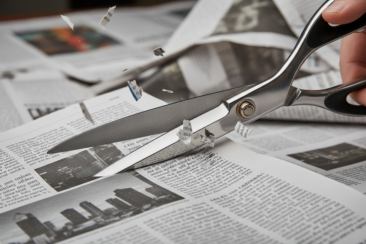 scissors cutting up a newspaper